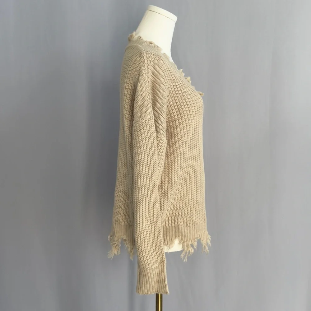 Daytrip V-Neck Frayed Hem Sweater - Beige - Picture 4 of 4